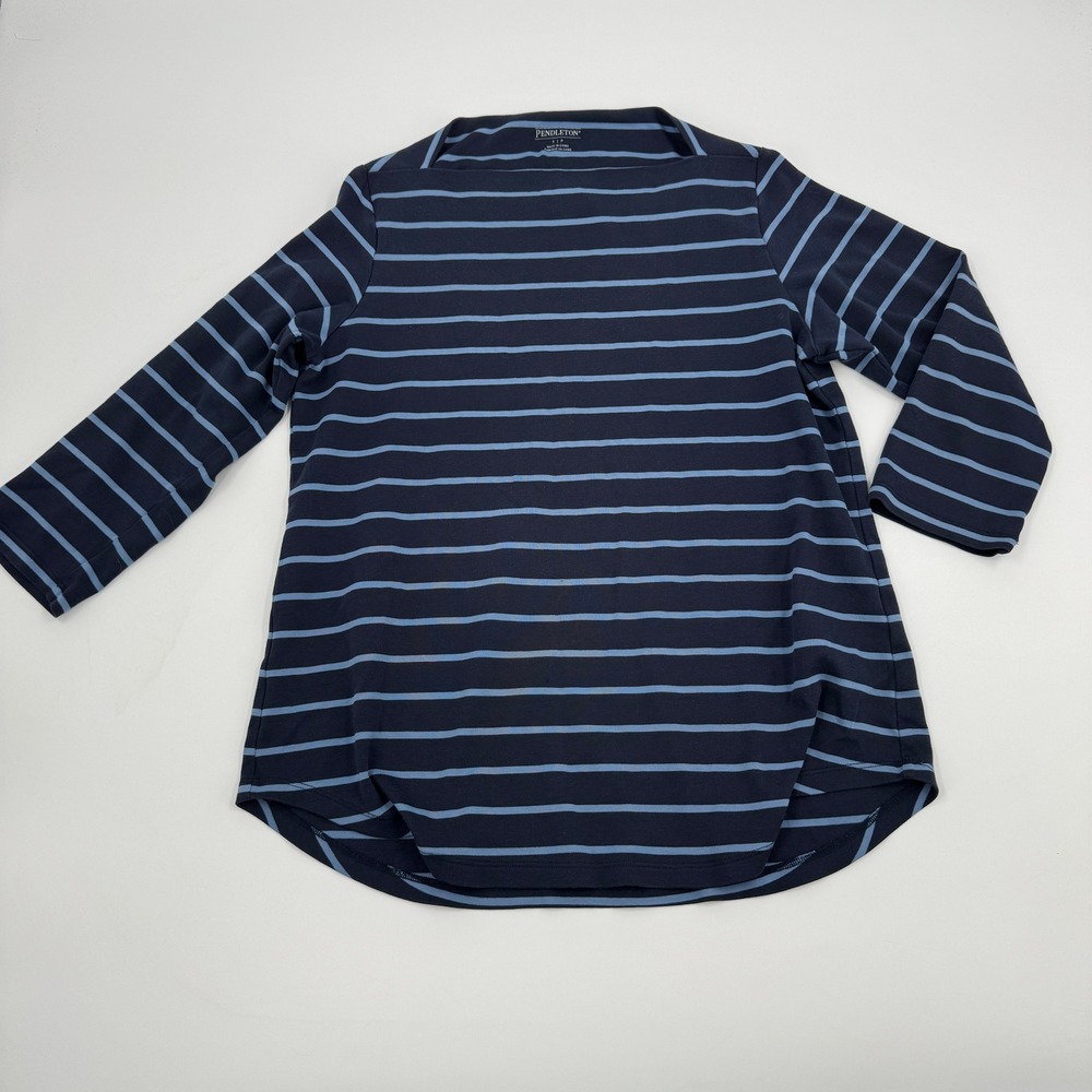 Pendleton Striped Top Womens Small Navy Blue Boat Neck 3/4 Sleeve